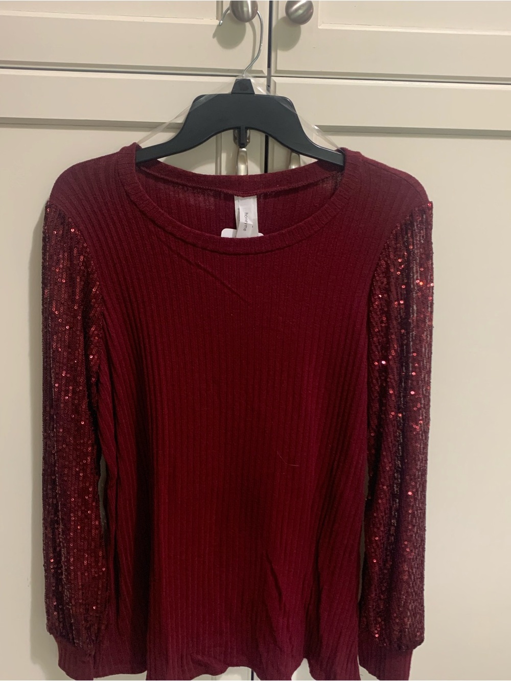Honeyme Burgundy Ribbed Top with Sequin Long Sleeves